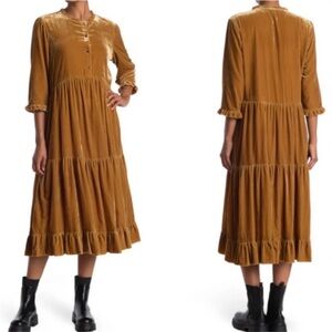 Scotch & Soda Ruffled Velvet Starwatcher Midi Dress size XS Mustard Yellow